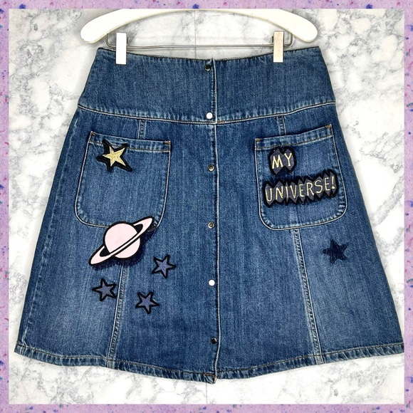 ⭐️ EMPORIO ARMANI A Line Y2K Denim Skirt Women’s 8 Cosmic Galaxy Patches - Picture 1 of 11